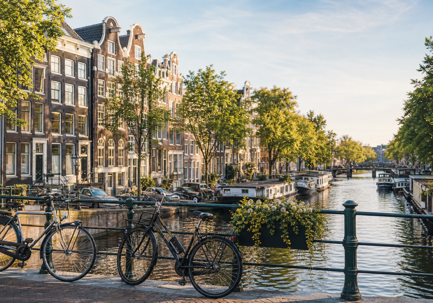 Amsterdam canal with historic Dutch houses and bicycles