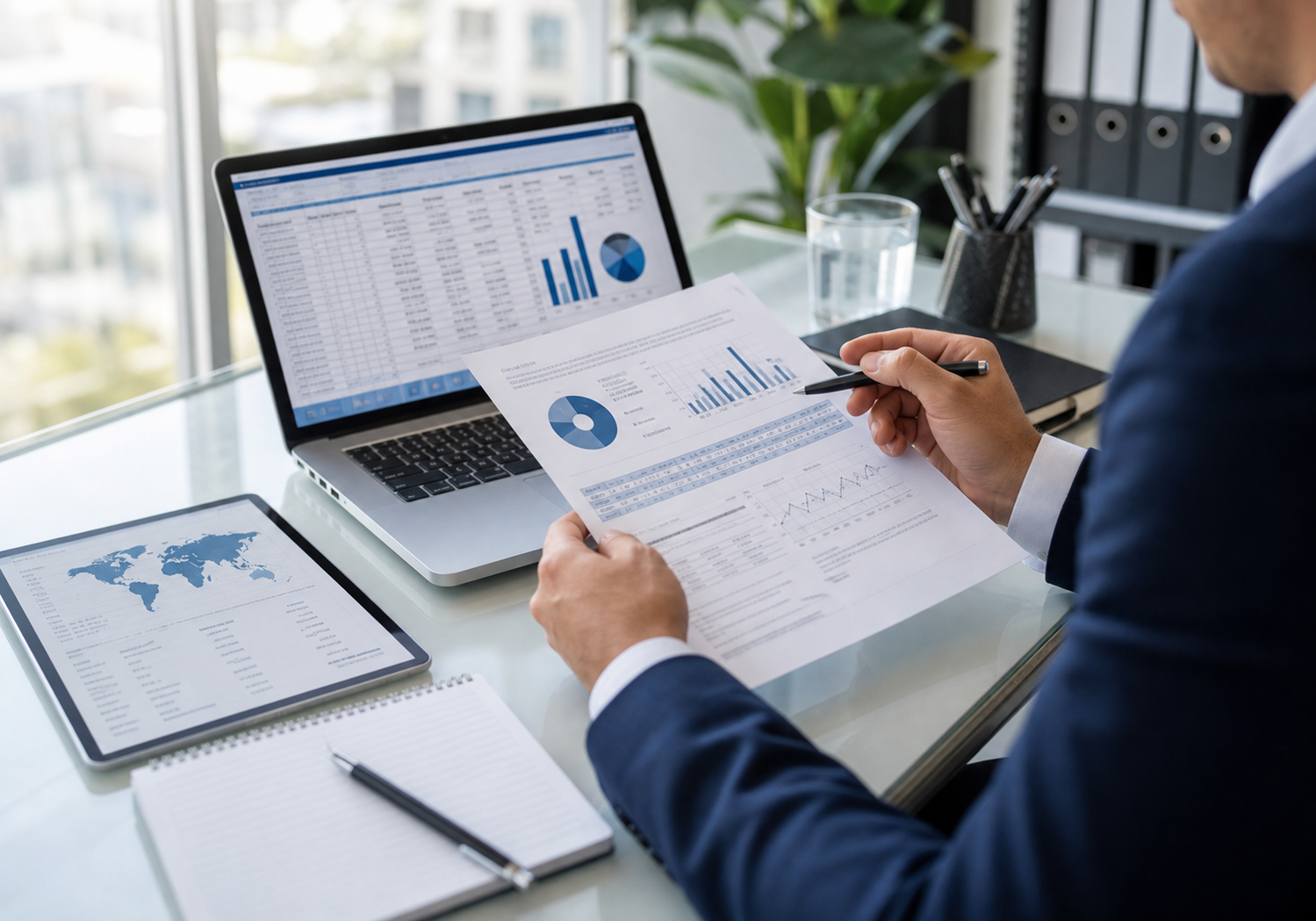 Financial analyst reviewing international reports and charts