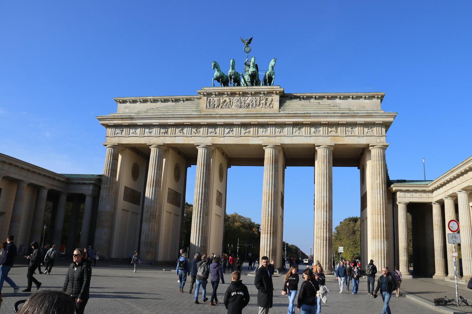 Brandenburg Gate in Berlin under a clear blue sky