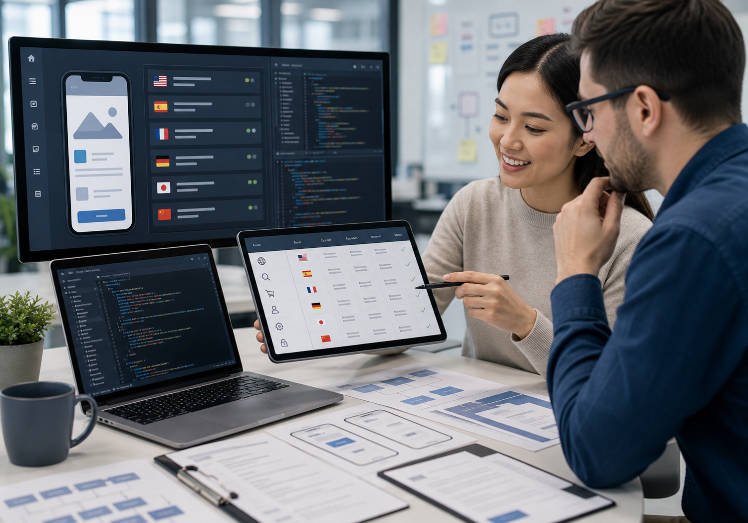 IT localization specialists reviewing translated software interfaces