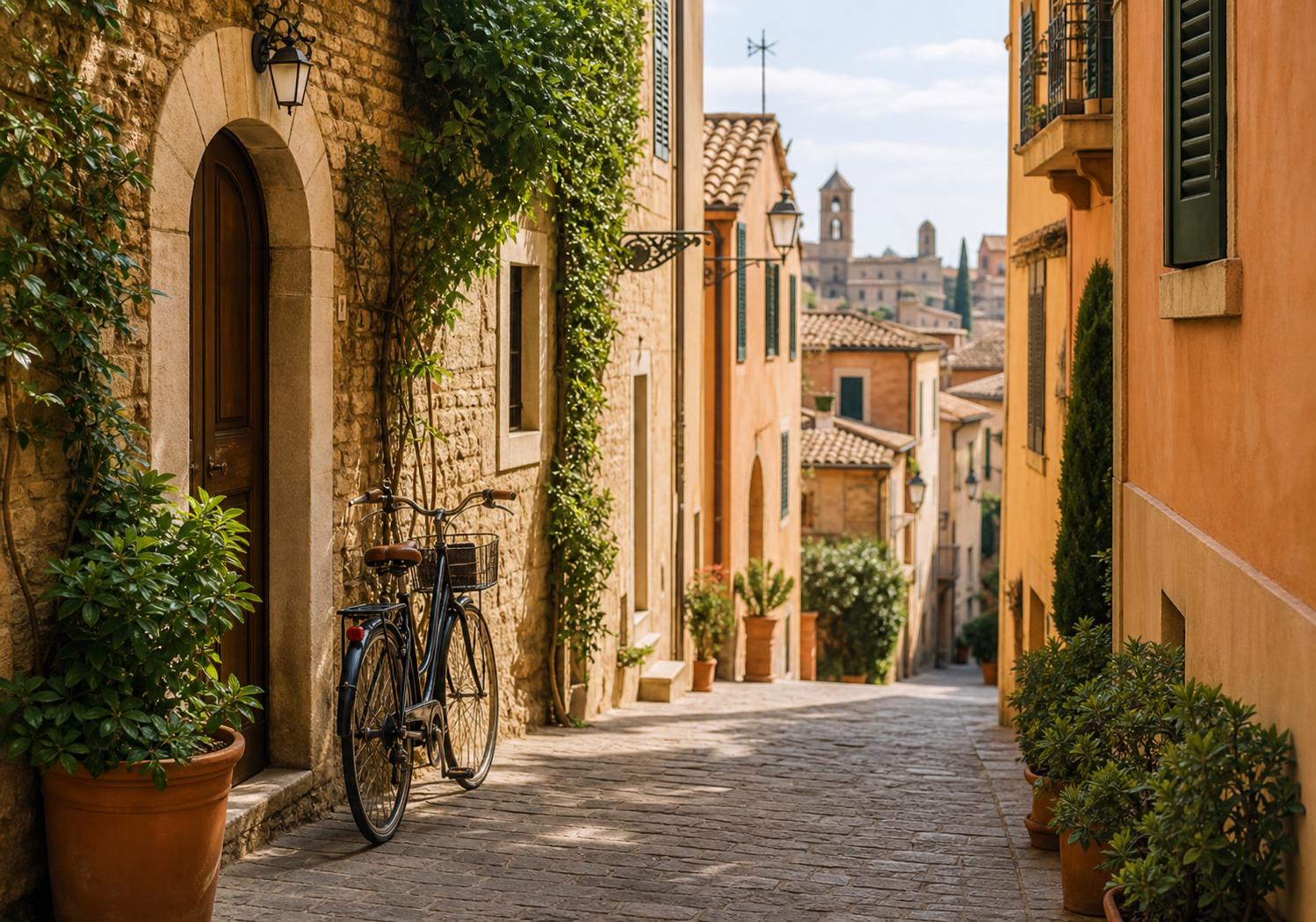 Quiet Italian city street with warm historic facades