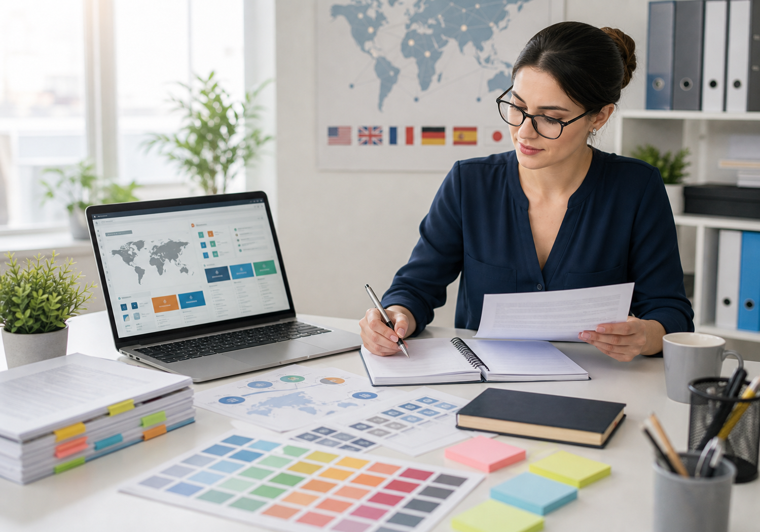 Professional translation project manager reviewing multilingual documents