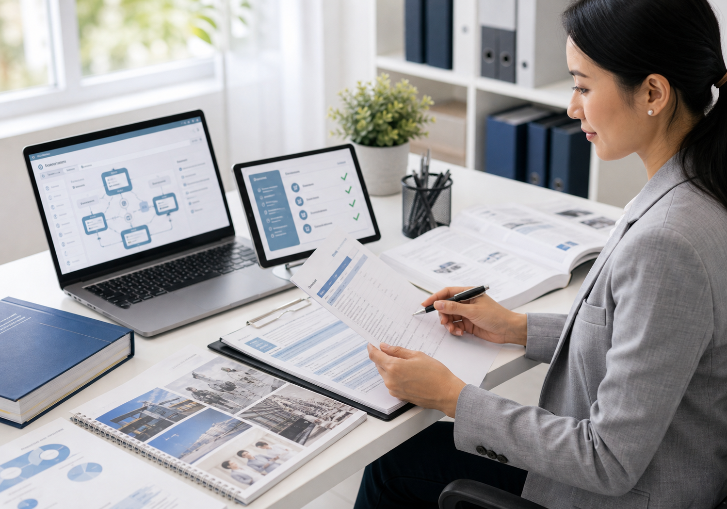 Translation specialist reviewing business documents and quality checks