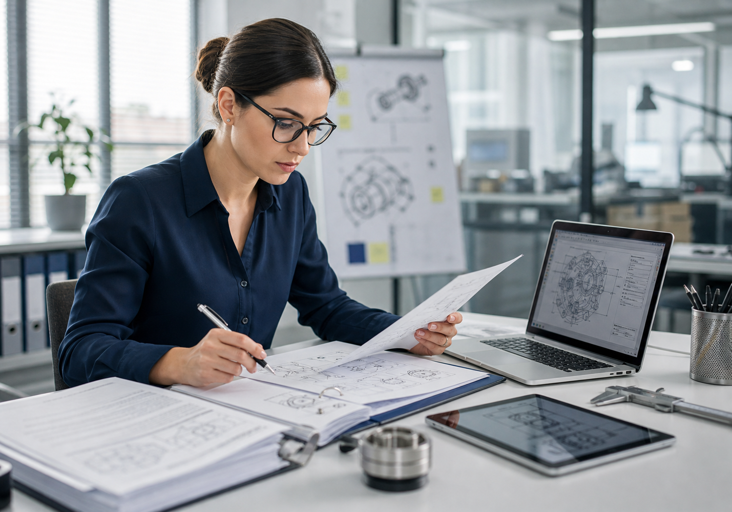 Technical translation professional reviewing engineering documentation